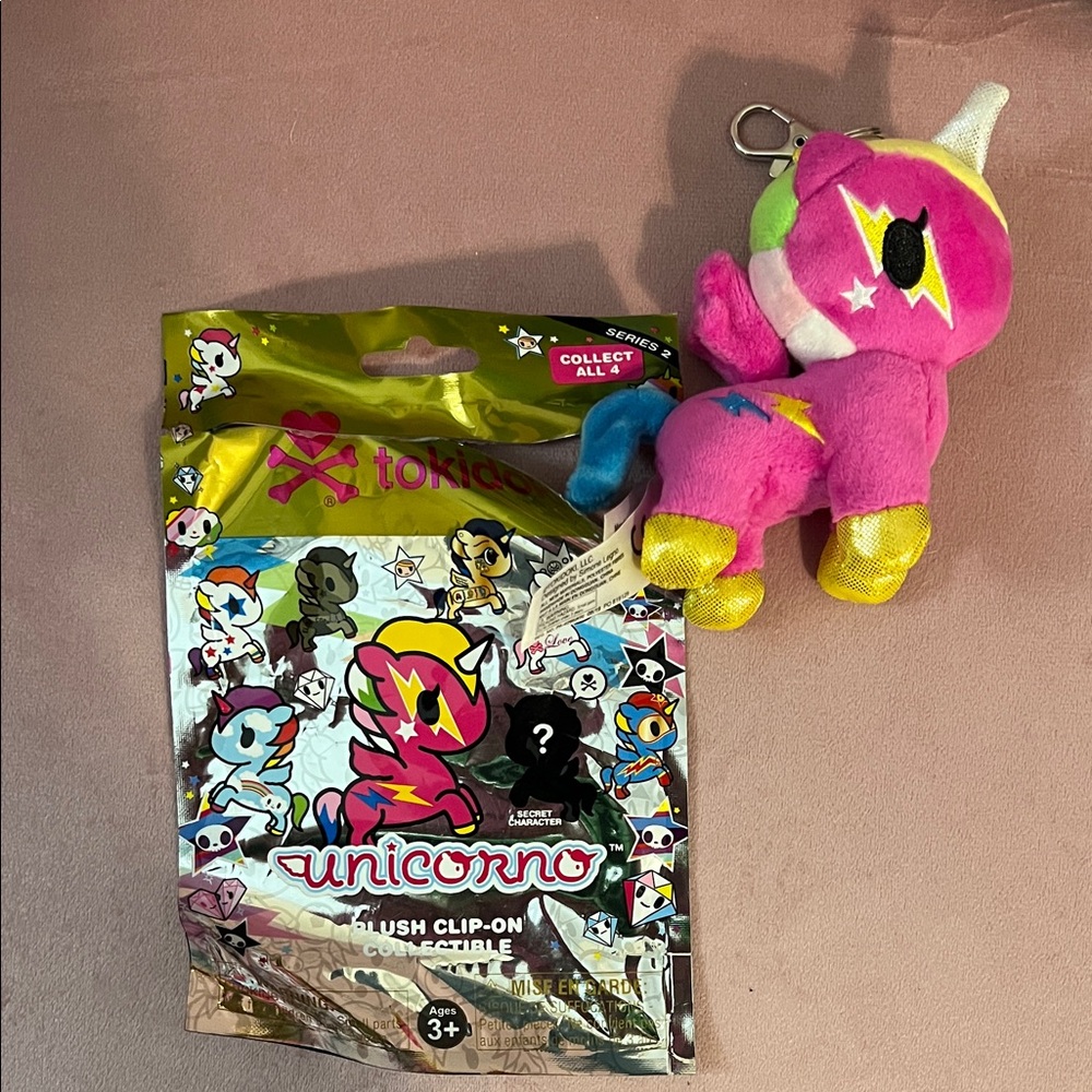Tokidoki Unicorno Plush Clip-On Purse charm Pink & Green Lightning bolt Series 4